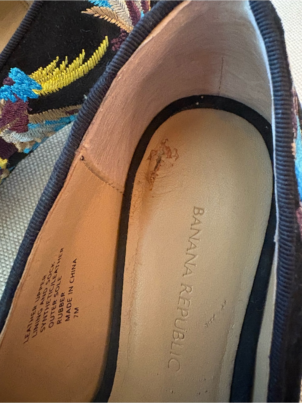 Banana Republic Black Suede Block Heel Loafers with Blue & Yellow Embroidery - Picture 3 of 4